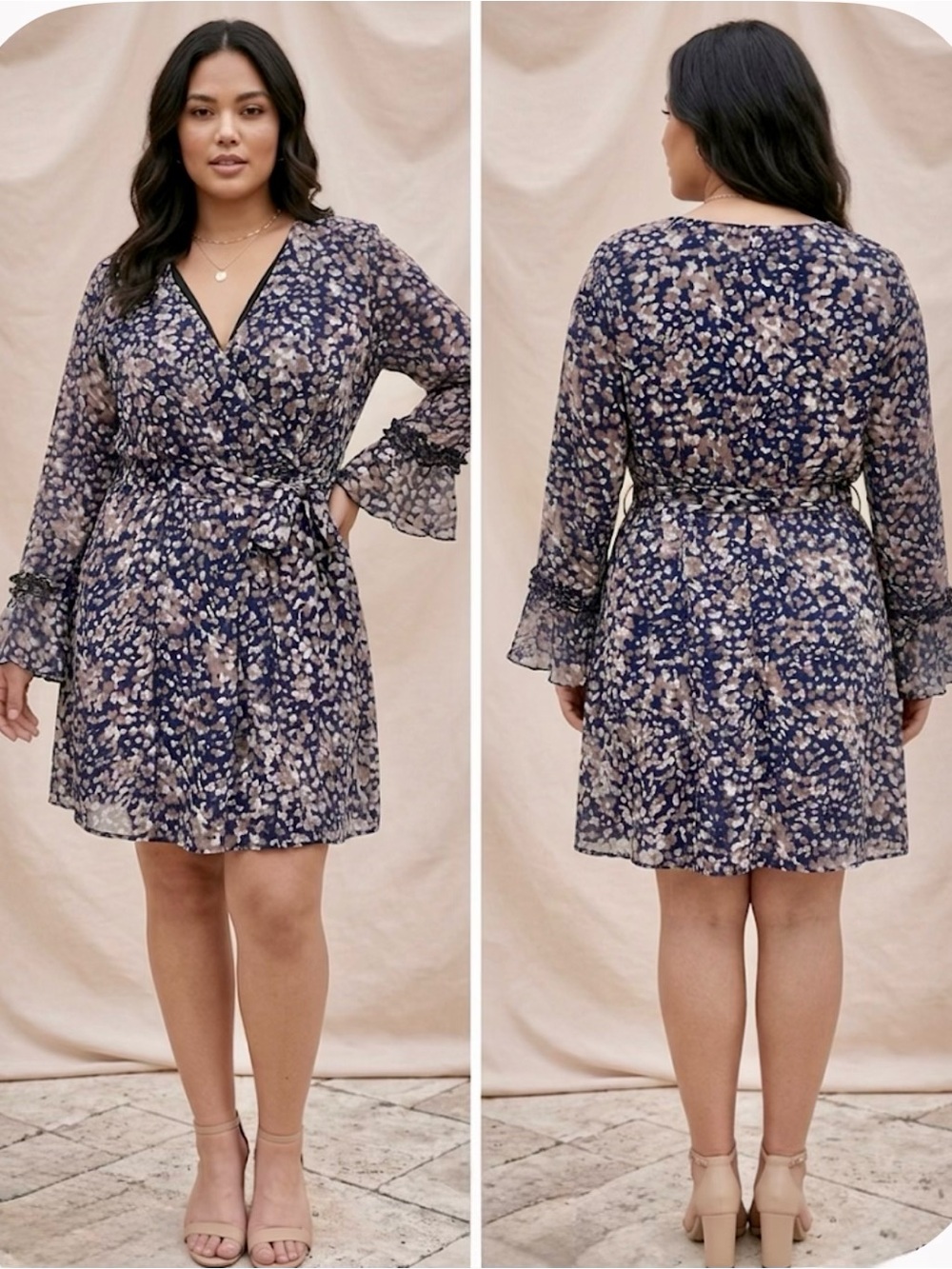 Cupshe Blue Floral, flirty, flowing Long Sleeve Ruffled Cuff Mini Dress (XL)